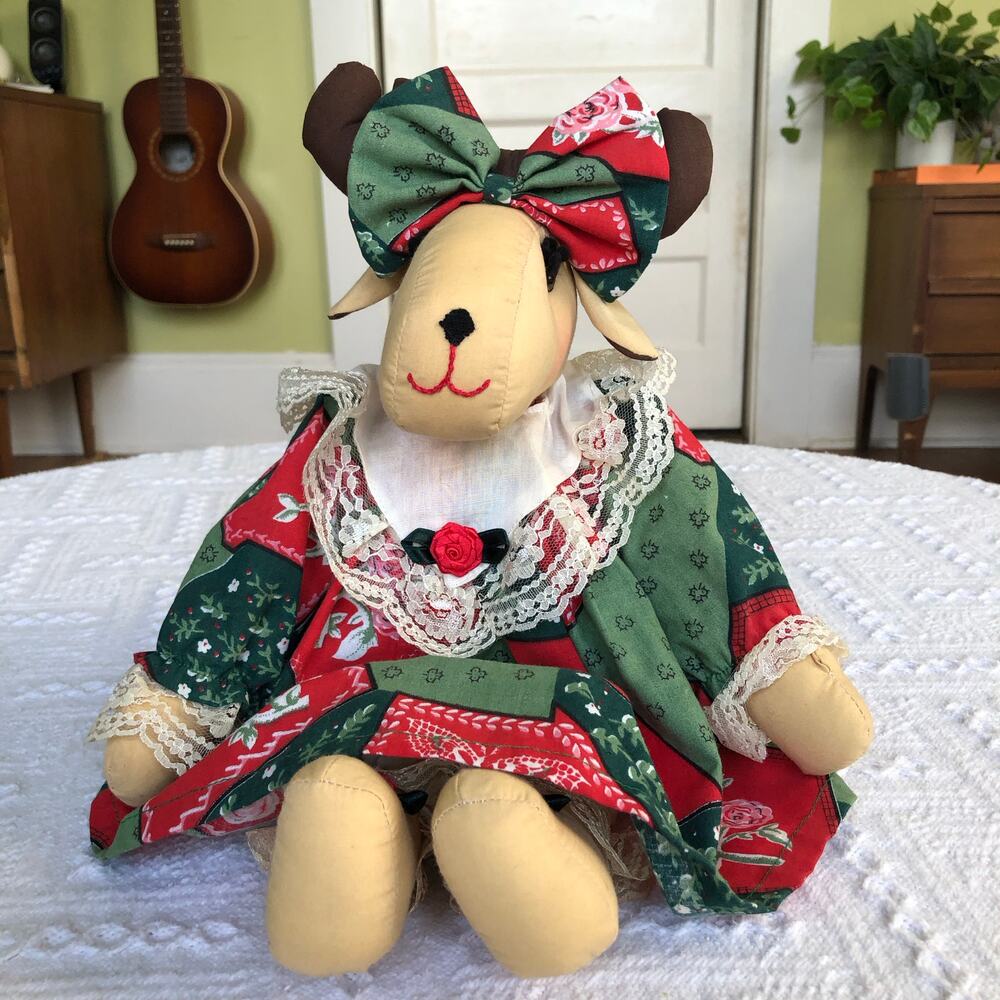 Handmade Country Christmas Moose Doll‎ 16” Patchwork Lace Dress Farmhouse Decor